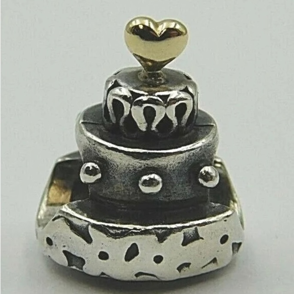 Pandora Sterling Silver Wedding Cake w/Gold Heart for Pandora Charm Bracelet